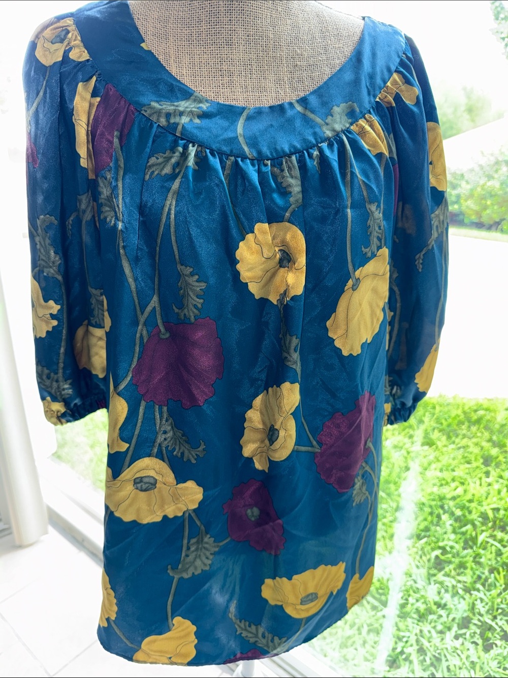 Metro 7 Teal Floral Blouse with Yellow and Purple Blooms